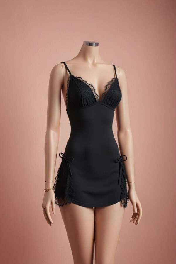 Women’s Lace Halter Nightwear – Backless Deep V Nightdress with Bow